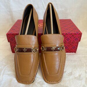 NIB Tory Burch Perrine Loafer Shoes Square Toe Logo Leather In Caramel Corn SZ 8